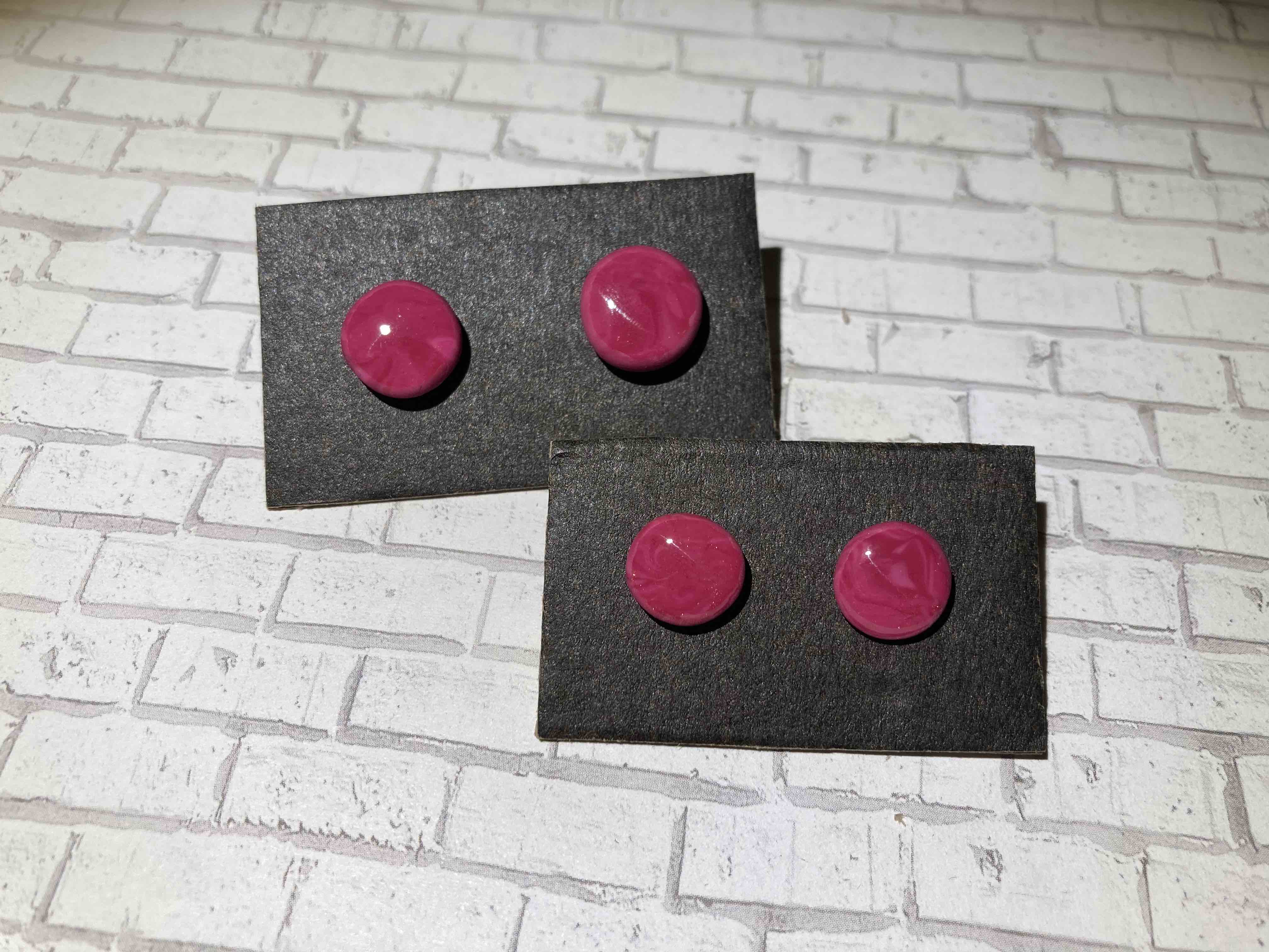 Pink Button Studs | Marble pink polymer button studs with gold posts and resin coating. Nickel free brass. Available in large and small buttons.