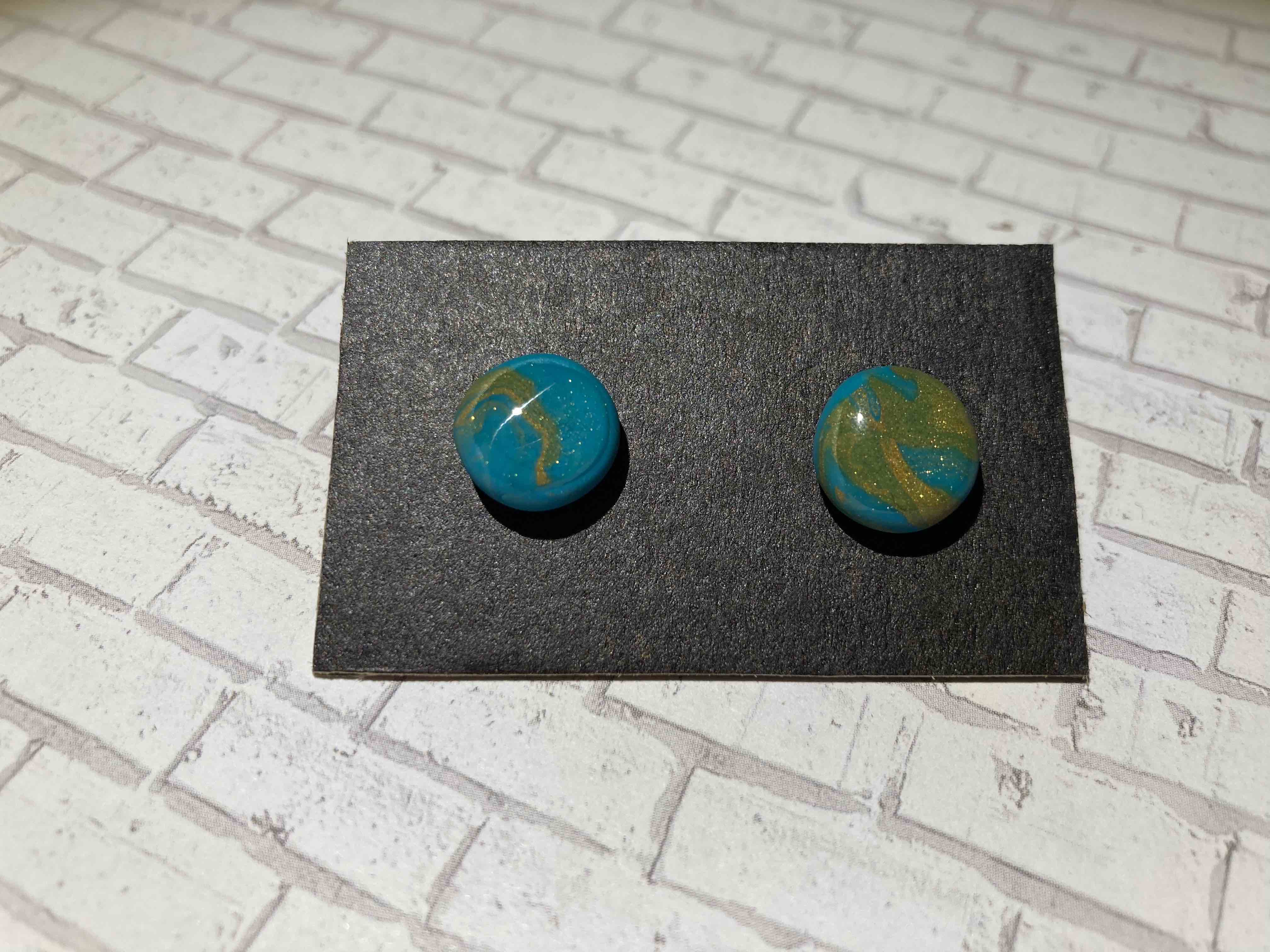 Earth Button Studs | Marble green/blue/gold polymer button studs with gold posts and resin coating. Nickel free brass.
