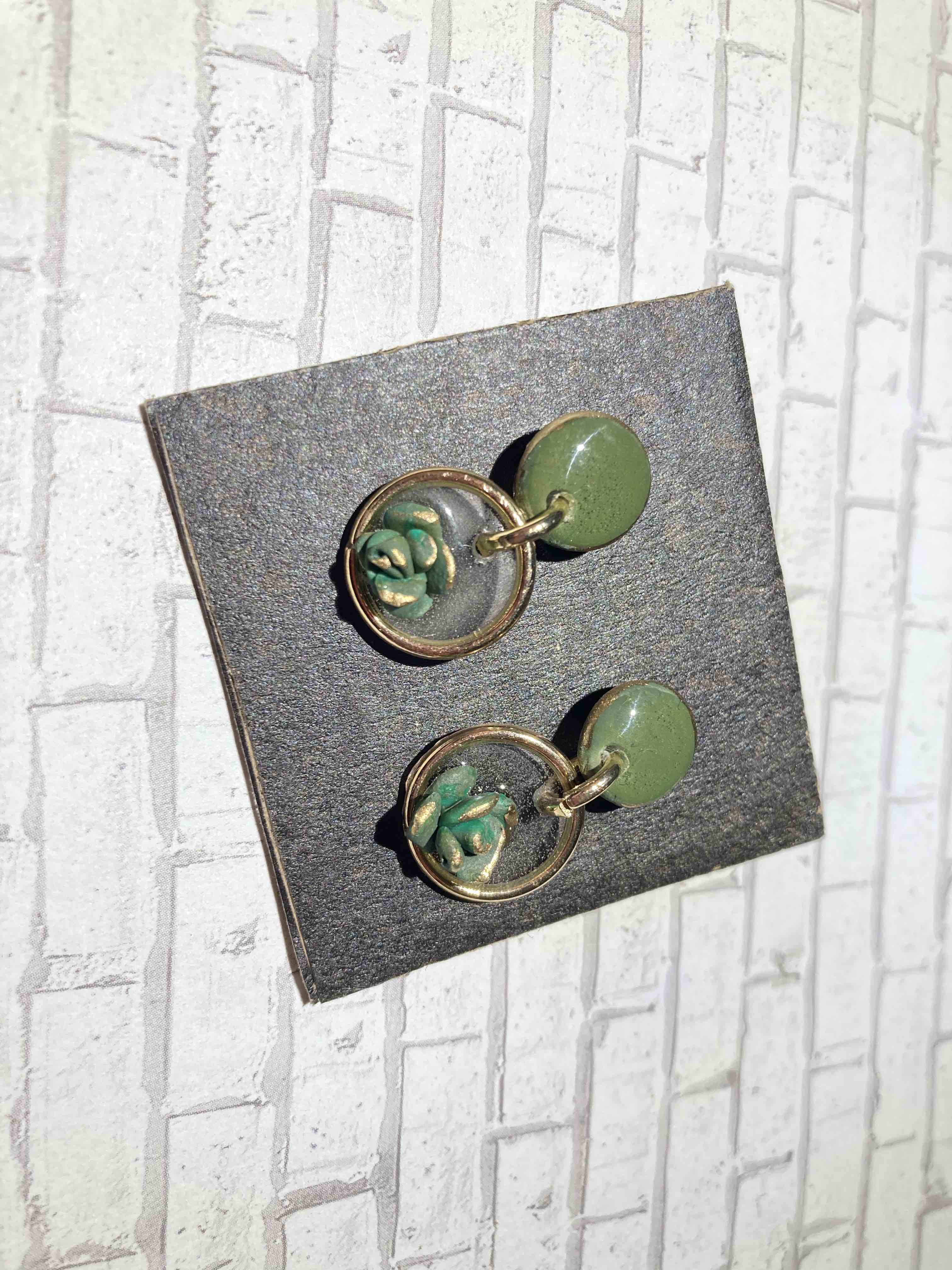 Lil' Succulent Garden with Gold Hoops | Marbled green succulents with gold posts, resin flood and gold hoops. Nickel free brass.