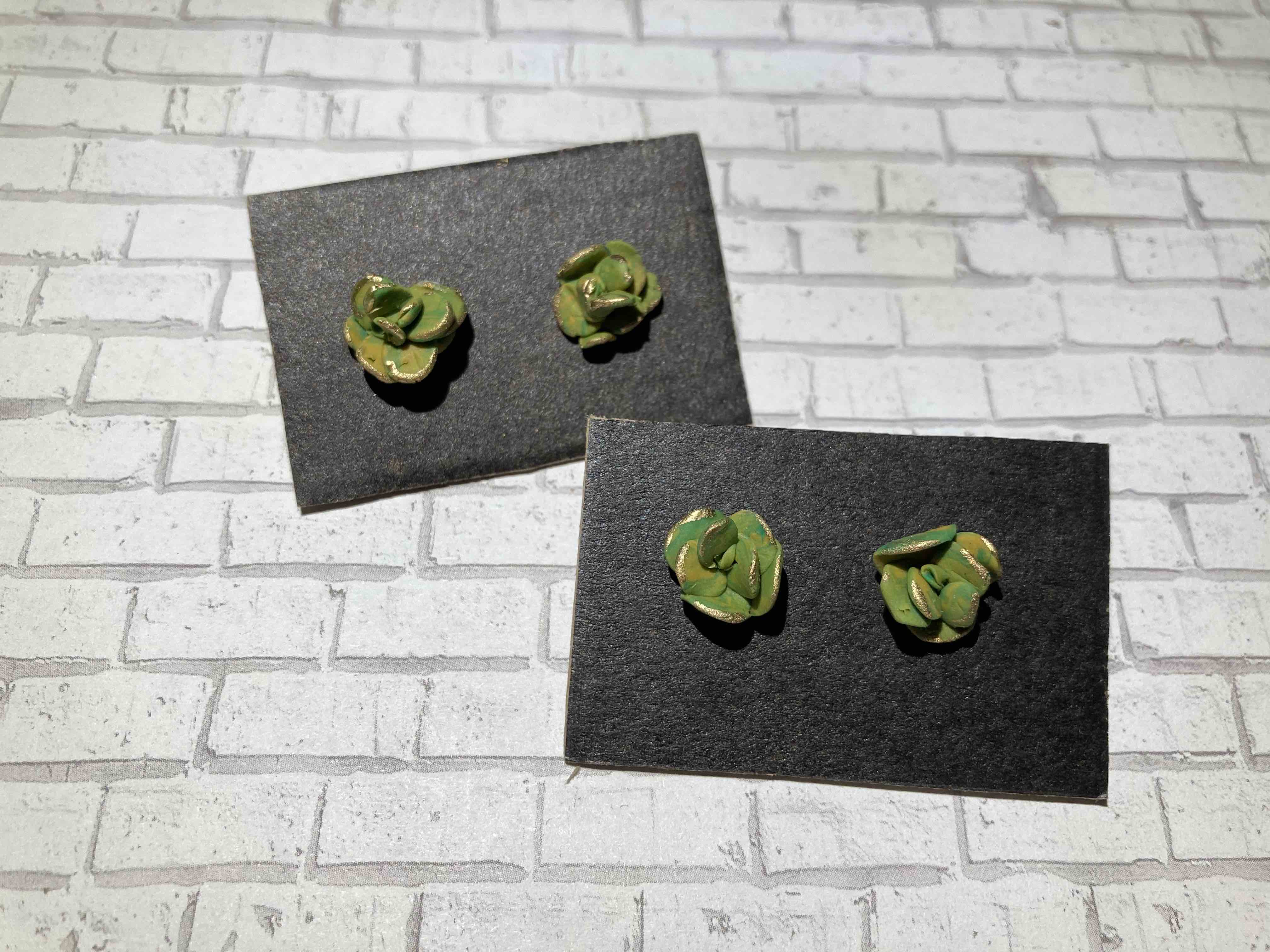 Lil’ Succulent Studs | Marble green polymer succulent studs with gold posts. Nickel free brass. For my plant lovers!